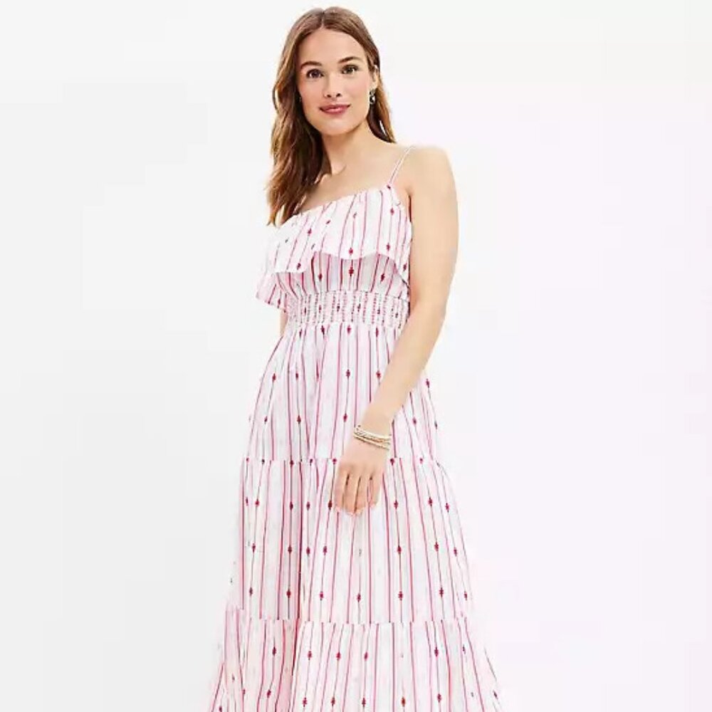 sold - Loft Ruffled Pink and Red Striped White Sundress XSP
